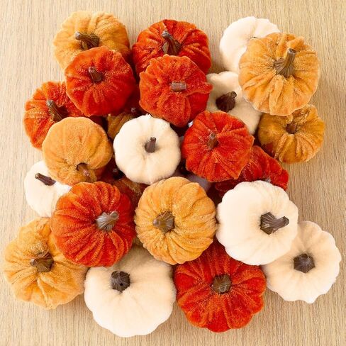 Weysat 24 Pcs Assorted Sizes Artificial Velvet Pumpkin Fall Decor Rust Orange Gold Foam Pumpkins Fabric Pumpkins for Fall Halloween Thanksgiving Harvest Farmhouse Table Centerpiece Tiered Tray Decor in Saudi Arabia
