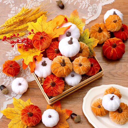 Weysat 24 Pcs Assorted Sizes Artificial Velvet Pumpkin Fall Decor Rust Orange Gold Foam Pumpkins Fabric Pumpkins for Fall Halloween Thanksgiving Harvest Farmhouse Table Centerpiece Tiered Tray Decor in Saudi Arabia