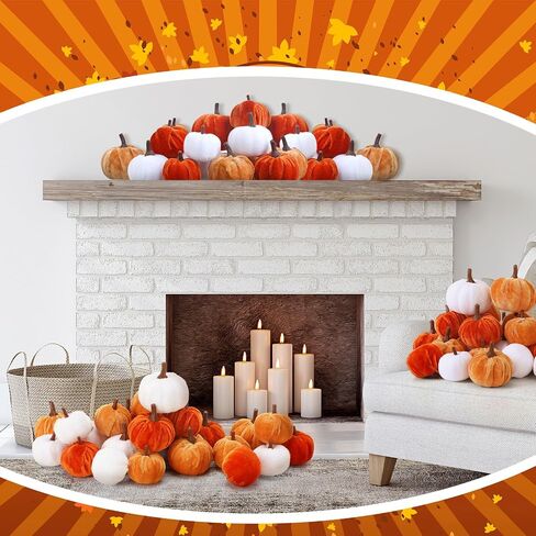 Weysat 24 Pcs Assorted Sizes Artificial Velvet Pumpkin Fall Decor Rust Orange Gold Foam Pumpkins Fabric Pumpkins for Fall Halloween Thanksgiving Harvest Farmhouse Table Centerpiece Tiered Tray Decor in Saudi Arabia