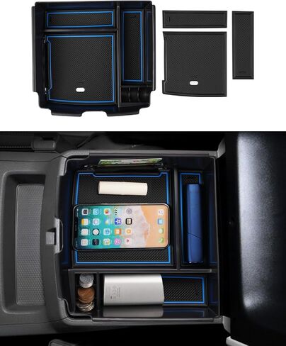FIILINES Center Console Organizer with Anti-Slip Mats for Nissan Frontier 2022-2025, Console Tray Secondary Armrest Storage Box ABS Insert Container Accessories with The Black and Blue Mats in Kuwait