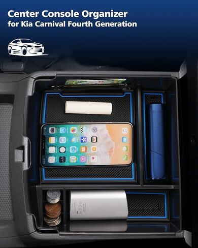 FIILINES Center Console Organizer with Anti-Slip Mats for Nissan Frontier 2022-2025, Console Tray Secondary Armrest Storage Box ABS Insert Container Accessories with The Black and Blue Mats in Kuwait