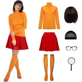 LINKOM Women's Velma Costume Orange Turtleneck Top Red Skirt Bob Wig Glasses Magnifying Glass and Socks Halloween Suit in Saudi Arabia