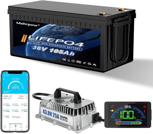 36V 150Ah LiFePO4 battery, built-in Bluetooth 200A BMS and LCD display, IP65 waterproof and dustproof, equipped with 43.8V 25A lithium battery charger, peak current 1000A (36V 105Ah) in Saudi Arabia