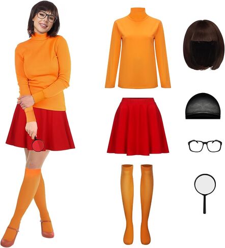 LINKOM Women's Velma Costume Orange Turtleneck Top Red Skirt Bob Wig Glasses Magnifying Glass and Socks Halloween Suit in Saudi Arabia