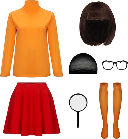 LINKOM Women's Velma Costume Orange Turtleneck Top Red Skirt Bob Wig Glasses Magnifying Glass and Socks Halloween Suit in Saudi Arabia