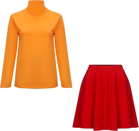LINKOM Women's Velma Costume Orange Turtleneck Top Red Skirt Bob Wig Glasses Magnifying Glass and Socks Halloween Suit in Saudi Arabia