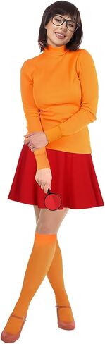 LINKOM Women's Velma Costume Orange Turtleneck Top Red Skirt Bob Wig Glasses Magnifying Glass and Socks Halloween Suit in Saudi Arabia