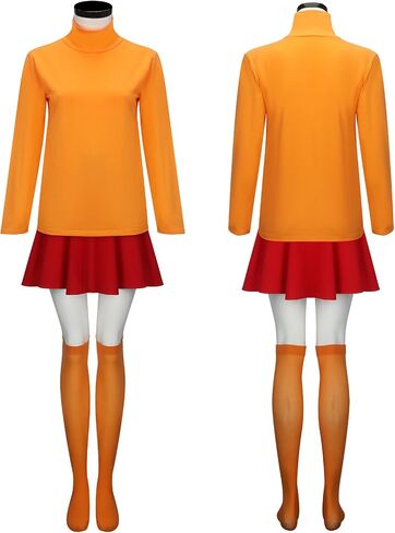 LINKOM Women's Velma Costume Orange Turtleneck Top Red Skirt Bob Wig Glasses Magnifying Glass and Socks Halloween Suit in Saudi Arabia
