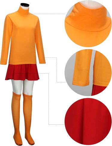 LINKOM Women's Velma Costume Orange Turtleneck Top Red Skirt Bob Wig Glasses Magnifying Glass and Socks Halloween Suit in Saudi Arabia