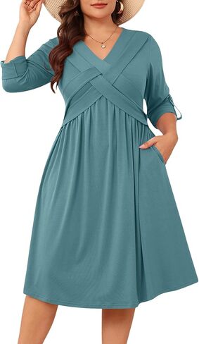 AMCLOS Womens Plus Size Dress V-Neck Elegant Cable Crossover Flowy 2 Pockets Roll up Long Sleeve Casual Party Maxi Dresses in Saudi Arabia