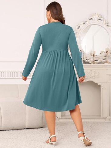 AMCLOS Womens Plus Size Dress V-Neck Elegant Cable Crossover Flowy 2 Pockets Roll up Long Sleeve Casual Party Maxi Dresses in Saudi Arabia