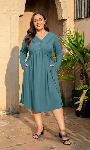 AMCLOS Womens Plus Size Dress V-Neck Elegant Cable Crossover Flowy 2 Pockets Roll up Long Sleeve Casual Party Maxi Dresses in Saudi Arabia