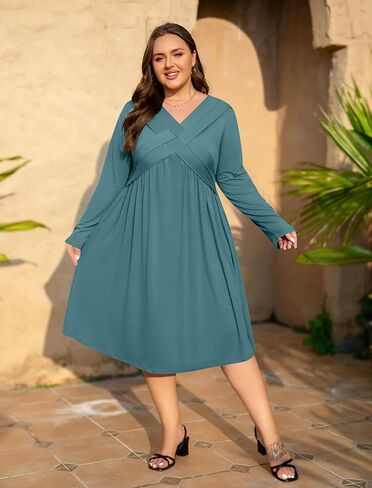 AMCLOS Womens Plus Size Dress V-Neck Elegant Cable Crossover Flowy 2 Pockets Roll up Long Sleeve Casual Party Maxi Dresses in Saudi Arabia