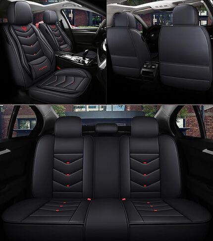 أغطية مقاعد السيارة مجموعة كاملة لأغطية مقاعد جلدية VW Tiguan 2009-2024، غطاء مقعد مقاوم للماء ومضاد للانزلاق وقابل للتنفس، ووسائد هوائية مخصصة لحماية مقعد السيارة (قياسية، أسود) in Kuwait