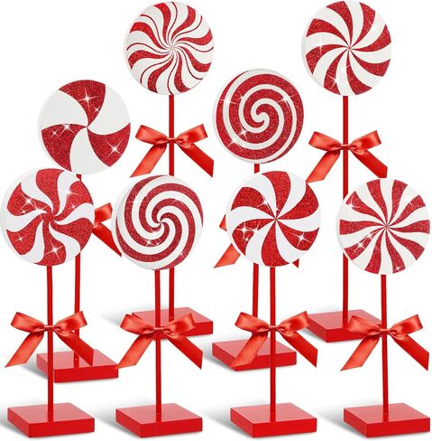 Amyhill 8 Pcs Christmas Candy Wooden Tabletop Decor Glitter Candy Cane Table Centerpiece Sign Xmas Candy Table Decorations for Christmas Tiered Tray Home Desk Office Party Decoration in Kuwait