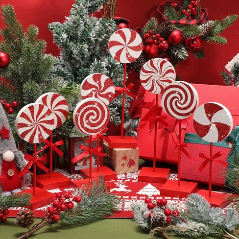 Amyhill 8 Pcs Christmas Candy Wooden Tabletop Decor Glitter Candy Cane Table Centerpiece Sign Xmas Candy Table Decorations for Christmas Tiered Tray Home Desk Office Party Decoration in Kuwait