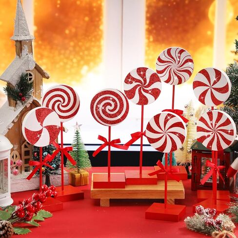 Amyhill 8 Pcs Christmas Candy Wooden Tabletop Decor Glitter Candy Cane Table Centerpiece Sign Xmas Candy Table Decorations for Christmas Tiered Tray Home Desk Office Party Decoration in Kuwait
