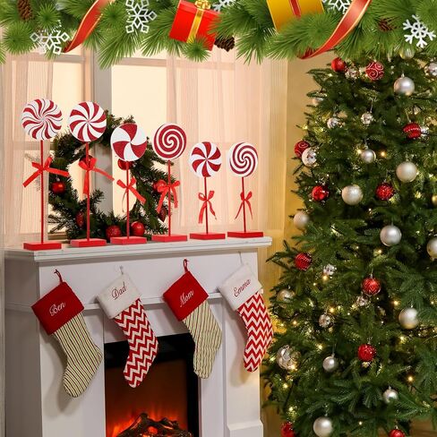 Amyhill 8 Pcs Christmas Candy Wooden Tabletop Decor Glitter Candy Cane Table Centerpiece Sign Xmas Candy Table Decorations for Christmas Tiered Tray Home Desk Office Party Decoration in Kuwait