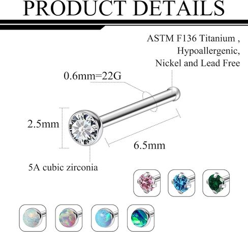 Ruifan ASTM F136 Titanium Nose Rings 18G 20G 22G Jeweled Mix Color CZ Opal Nose Studs Ring Screw L-Shaped Bone Hypoallergenic Nostril Body Piercing Jewelry for Women 1.5mm 2mm 2.5mm 3mm 8PCS in Saudi Arabia