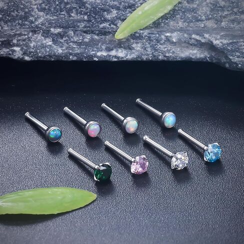 Ruifan ASTM F136 Titanium Nose Rings 18G 20G 22G Jeweled Mix Color CZ Opal Nose Studs Ring Screw L-Shaped Bone Hypoallergenic Nostril Body Piercing Jewelry for Women 1.5mm 2mm 2.5mm 3mm 8PCS in Saudi Arabia
