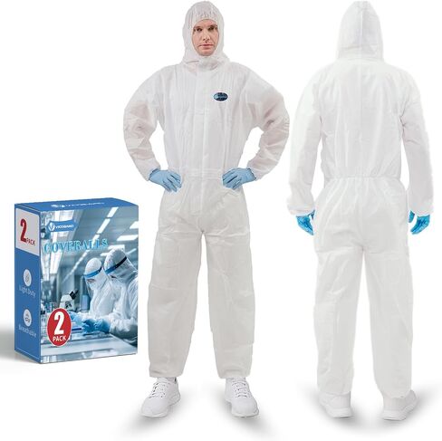 2 حزمة بدلات Vicogard Hazmat، أغطية SMS قابلة للتنفس، حزام خصر مرن وأساور كاحل بسحاب أمامي، بدلة رسامين للرجال والنساء مع غطاء محرك السيارة للمستشفيات والمختبرات الطبية in Kuwait