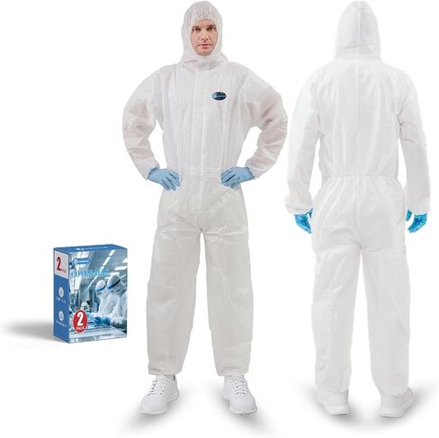 2 حزمة بدلات Vicogard Hazmat، أغطية SMS قابلة للتنفس، حزام خصر مرن وأساور كاحل بسحاب أمامي، بدلة رسامين للرجال والنساء مع غطاء محرك السيارة للمستشفيات والمختبرات الطبية in Kuwait