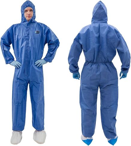 2 حزمة بدلات Vicogard Hazmat، أغطية SMS قابلة للتنفس، حزام خصر مرن وأساور كاحل بسحاب أمامي، بدلة رسامين للرجال والنساء مع غطاء محرك السيارة للمستشفيات والمختبرات الطبية in Kuwait