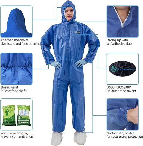 2 حزمة بدلات Vicogard Hazmat، أغطية SMS قابلة للتنفس، حزام خصر مرن وأساور كاحل بسحاب أمامي، بدلة رسامين للرجال والنساء مع غطاء محرك السيارة للمستشفيات والمختبرات الطبية in Kuwait