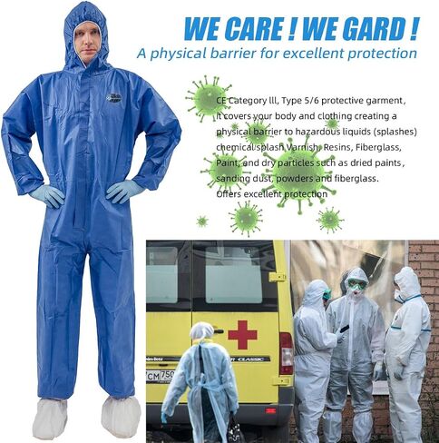 2 حزمة بدلات Vicogard Hazmat، أغطية SMS قابلة للتنفس، حزام خصر مرن وأساور كاحل بسحاب أمامي، بدلة رسامين للرجال والنساء مع غطاء محرك السيارة للمستشفيات والمختبرات الطبية in Kuwait