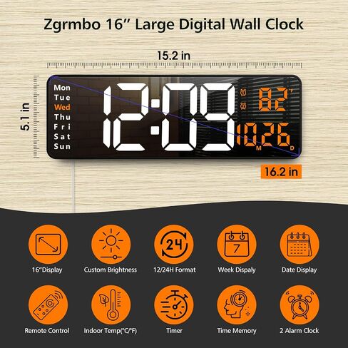 16" Digital Wall Clock with Remote Control, Large Digital Clock with Date, Week, Temperature, Alarm, Timer, Electric Wall Clock for Living Room, Bedroom, Decor, Gift for Elderly in Saudi Arabia