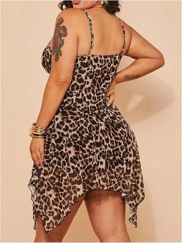 Women's Plus Size Leopard Cami Dress Y2k Cheetah Ruffle Sleeveless Asymmetrical Mini Dresses Sexy Going Out Dress in Saudi Arabia