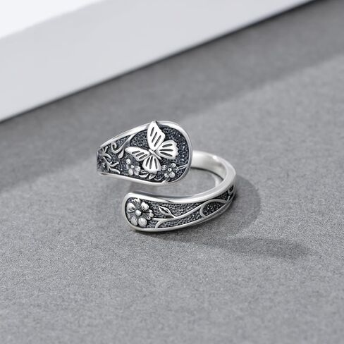 ROMANTICWORK خاتم ملعقة للنساء 925 الفضة الاسترليني اليعسوب / الطائر الطنان / الفراشة قابل للتعديل حلقة مفتوحة زهرة ملعقة مجوهرات للأم عيد ميلاد عيد الميلاد in Kuwait