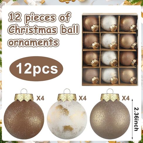 12PCS Vintage Textured Christmas Ball Ornaments 2.36''Brown Coffee White Christmas Tree Decor Shatterproof Hanging Plastic Ball Neutral Matte Rustic Hanging Decor for Xmas Holiday Party Decoration in Saudi Arabia