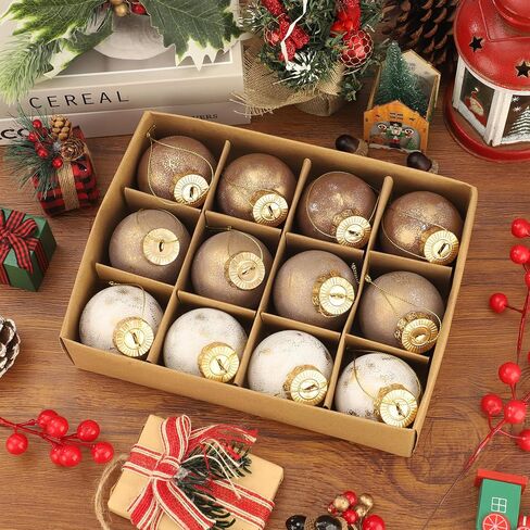 12PCS Vintage Textured Christmas Ball Ornaments 2.36''Brown Coffee White Christmas Tree Decor Shatterproof Hanging Plastic Ball Neutral Matte Rustic Hanging Decor for Xmas Holiday Party Decoration in Saudi Arabia