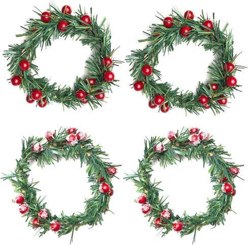 مجموعة من 4 حلقات شموع عيد الميلاد اكاليل 4 بوصة مركز، التوت الأحمر الاصطناعي وإبر الصنوبر العشب الصغيرة أعمدة عيد الميلاد شمعة اكليلا من الزهور لعيد الميلاد ريفي حفل زفاف الجدول المركزية ديكور in Kuwait