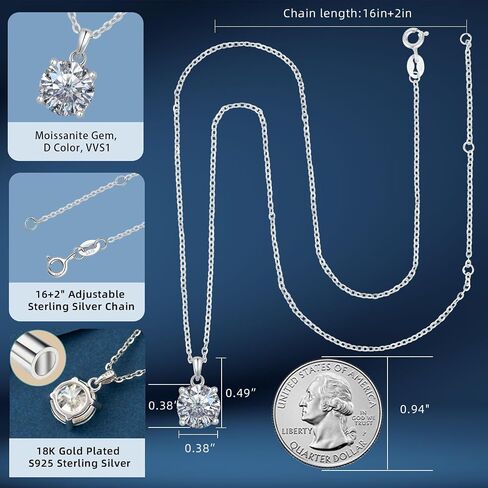 Moissanite Necklace for Women Men, 1ct-2ct DEF Color Lab Created Moissanite Pendant Necklace，925 Sterling Silver necklace with 18K White Gold Plated,Safety Friction Back in Saudi Arabia