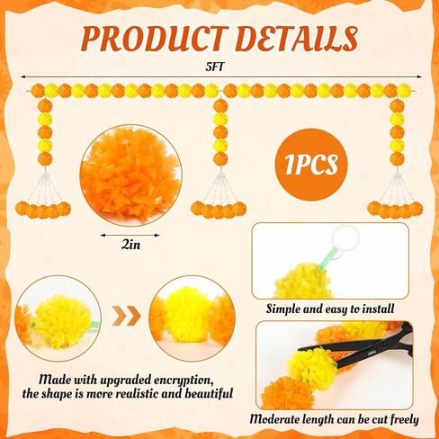 Giegxin 1 Pcs Marigold Garland for Diwali Decoration 4.92 feet Long Strand Artificial Marigold Flowers for Diwali Pooja Indian Home Wedding Dia De Los Muertos Day of The Dead (Orange Yellow) in Kuwait