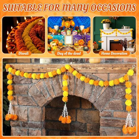 Giegxin 1 Pcs Marigold Garland for Diwali Decoration 4.92 feet Long Strand Artificial Marigold Flowers for Diwali Pooja Indian Home Wedding Dia De Los Muertos Day of The Dead (Orange Yellow) in Kuwait