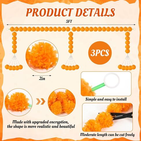 Giegxin 1 Pcs Marigold Garland for Diwali Decoration 4.92 feet Long Strand Artificial Marigold Flowers for Diwali Pooja Indian Home Wedding Dia De Los Muertos Day of The Dead (Orange Yellow) in Kuwait