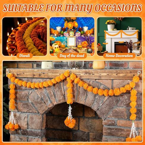 Giegxin 1 Pcs Marigold Garland for Diwali Decoration 4.92 feet Long Strand Artificial Marigold Flowers for Diwali Pooja Indian Home Wedding Dia De Los Muertos Day of The Dead (Orange Yellow) in Kuwait