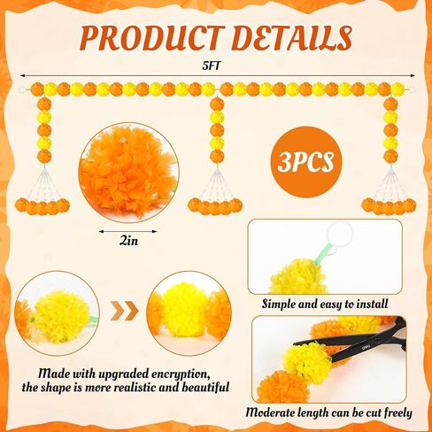 Giegxin 1 Pcs Marigold Garland for Diwali Decoration 4.92 feet Long Strand Artificial Marigold Flowers for Diwali Pooja Indian Home Wedding Dia De Los Muertos Day of The Dead (Orange Yellow) in Kuwait