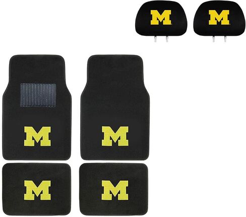 Wolverines Head Rest Cover and Floor mat. WOW! Logo On Front and Rear Auto Floor Liner. You get 2 headrest covers and 4 Floor Mat in this gift set. Perfect to University of Michican Wolverines Fan in Saudi Arabia