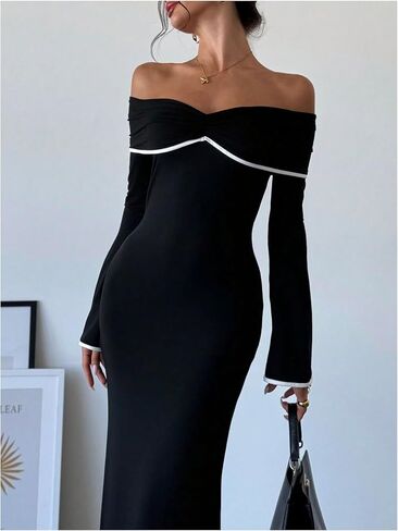 فستان GORGLITTER النسائي بدون أكتاف وأكمام جرس Bodycon ماكسي فستان عيد الميلاد وحفلات الكوكتيل والعشاء وذيل السمكة طويل in Saudi Arabia