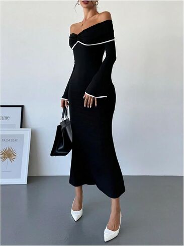 فستان GORGLITTER النسائي بدون أكتاف وأكمام جرس Bodycon ماكسي فستان عيد الميلاد وحفلات الكوكتيل والعشاء وذيل السمكة طويل in Saudi Arabia