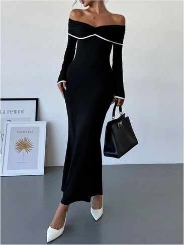 فستان GORGLITTER النسائي بدون أكتاف وأكمام جرس Bodycon ماكسي فستان عيد الميلاد وحفلات الكوكتيل والعشاء وذيل السمكة طويل in Saudi Arabia