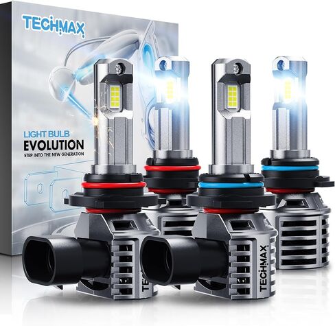 مجموعة مصابيح إضاءة TECHMAX 9005+9006، مصابيح ضباب HB3+HB4 مع مروحة 600% ساطعة 6500K إدخال لاسلكي مباشر، حزمة من 4 in Kuwait