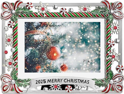 5x7 Christmas Picture Frame Ribbon Metal Candy Photo Frame 2024 Merry Christmas Decorative Holiday Gifts Winter Style (Silver) in Kuwait