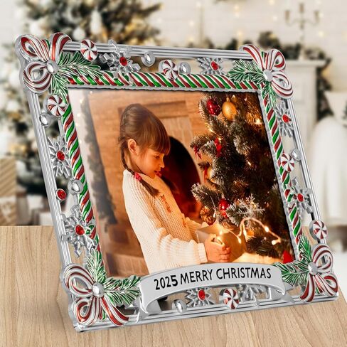 5x7 Christmas Picture Frame Ribbon Metal Candy Photo Frame 2024 Merry Christmas Decorative Holiday Gifts Winter Style (Silver) in Kuwait
