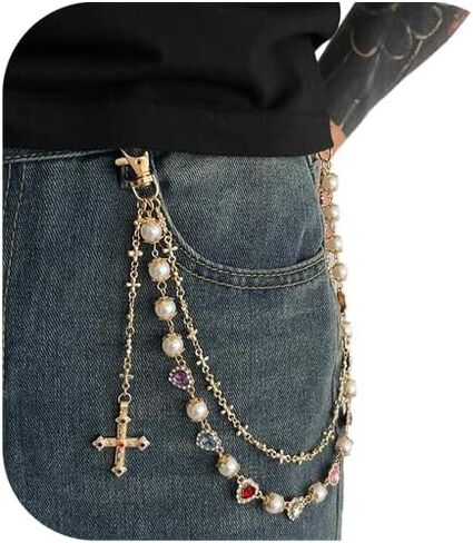 Colorful Rhinestone Heart Pants Chain for Men,Gothic Cross Wallet Pocket Chain,Pearl Keychains Trouser Jeans for Women in Saudi Arabia