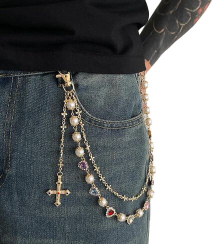 Colorful Rhinestone Heart Pants Chain for Men,Gothic Cross Wallet Pocket Chain,Pearl Keychains Trouser Jeans for Women in Saudi Arabia
